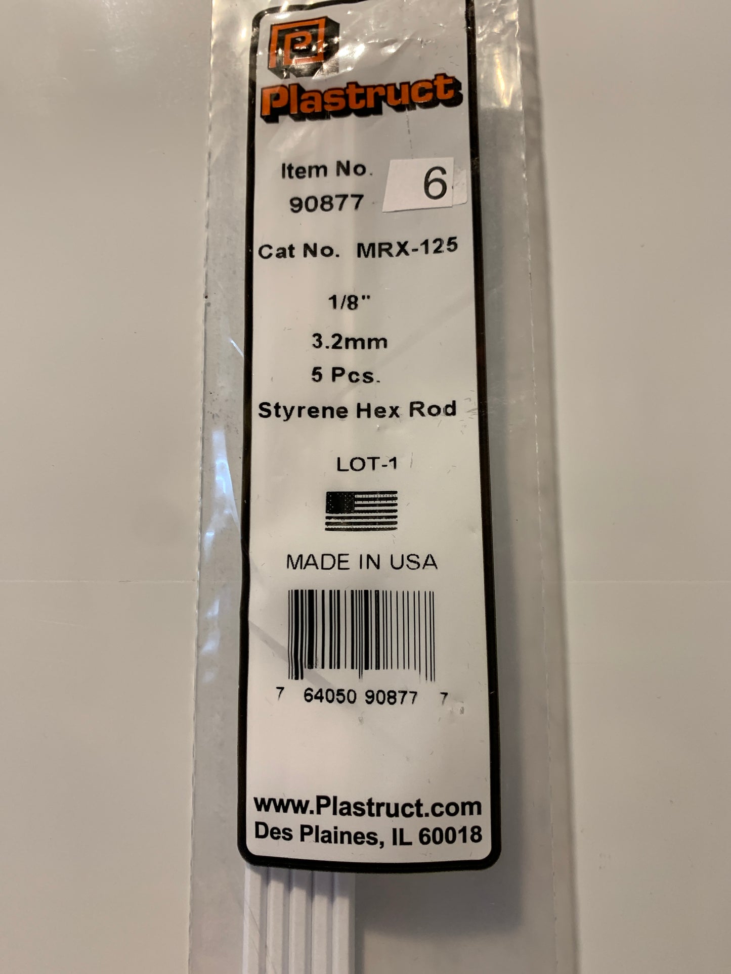 Plastruct styrene hex rod 1/8 inch 3.2 mm