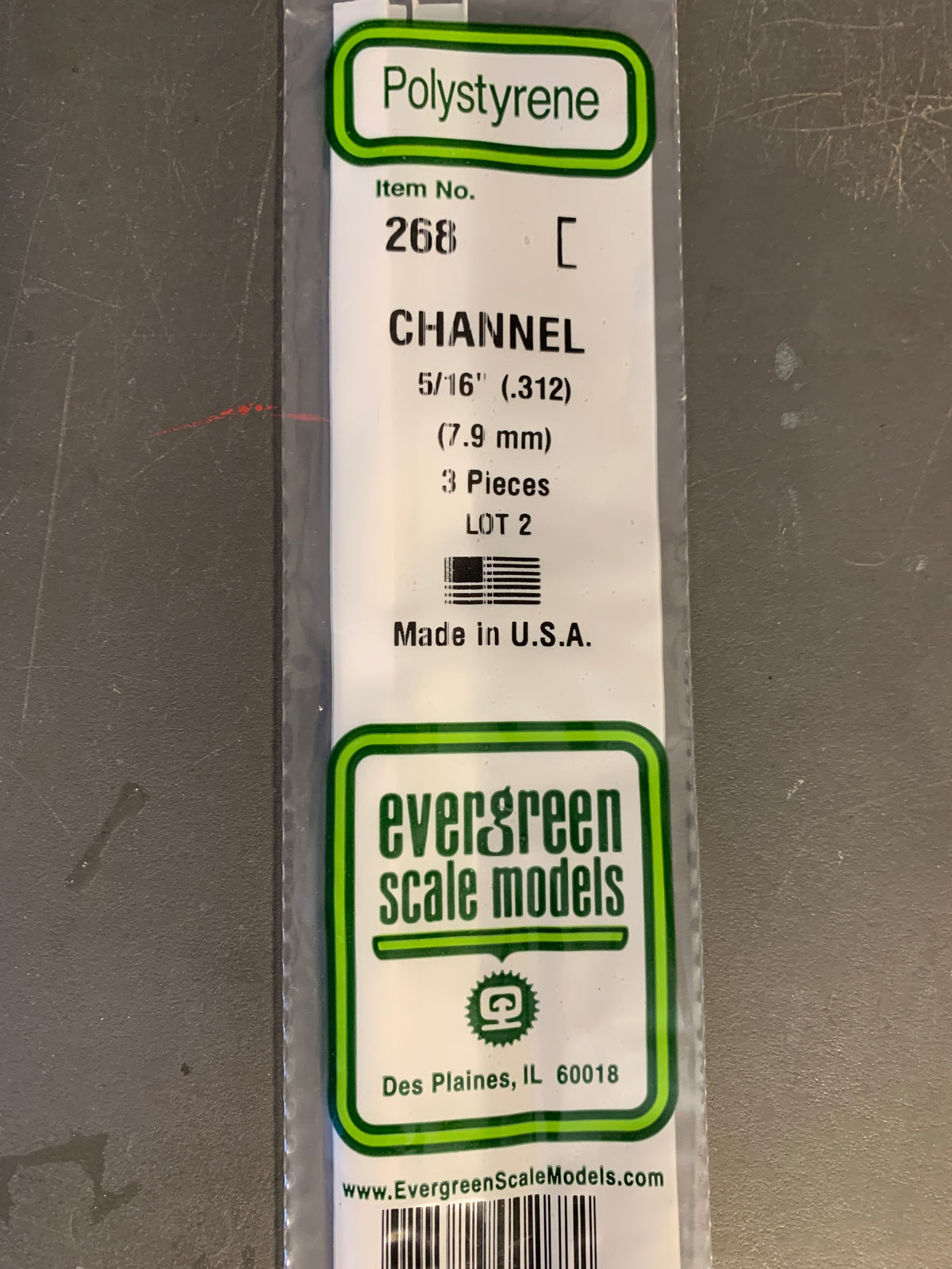 Evergreen Polystyrene Channel #268, 5/16” (.312”) (7.9mm) Plastic