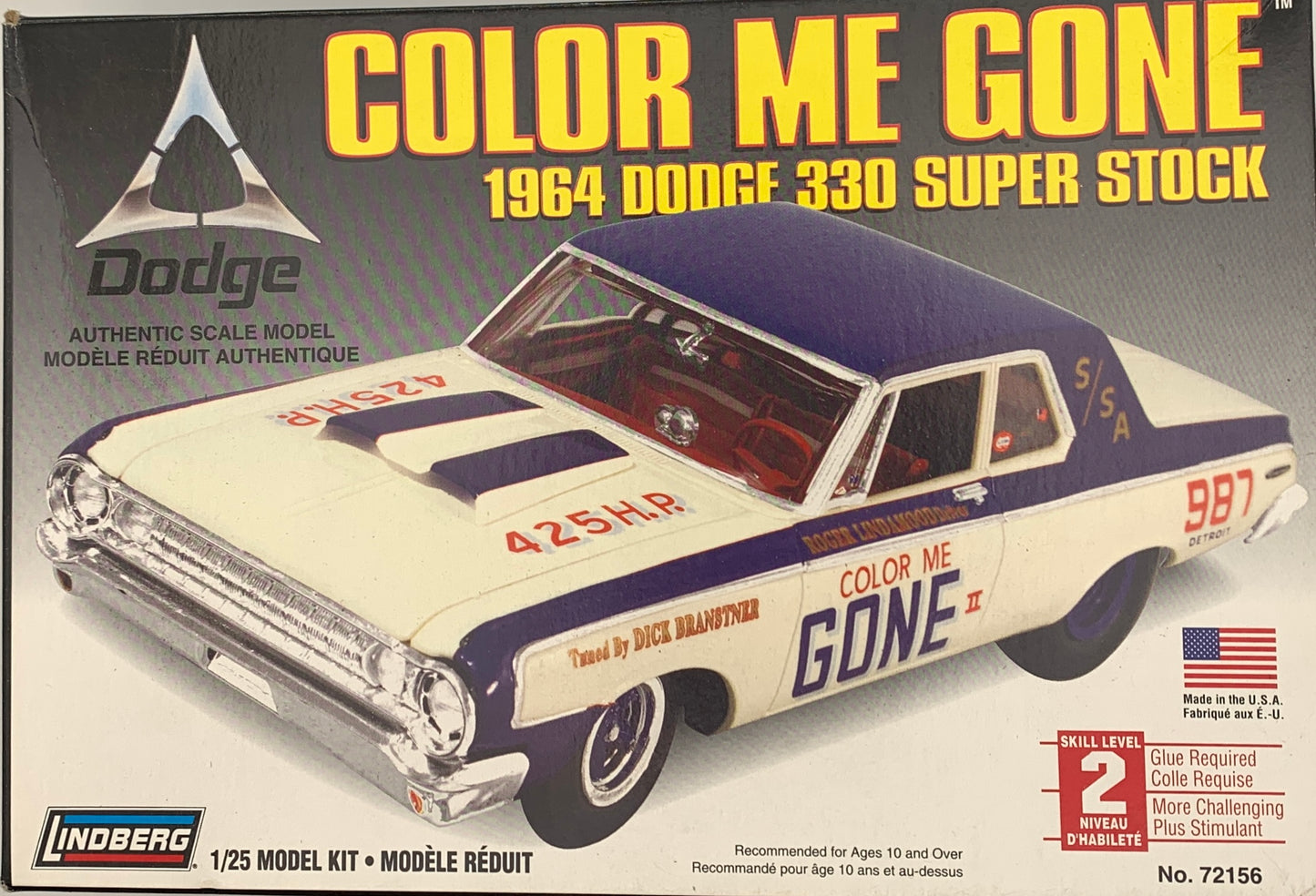 Lindberg Color Me Gone 1964 Dodge 330 Super Stock, 1/25 Scale Model Kit