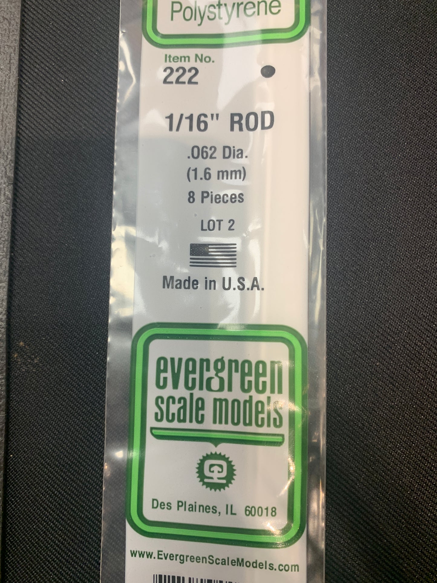 Evergreen Polystyrene Rod #222 1/16 rod .062 diam 1.6 mm