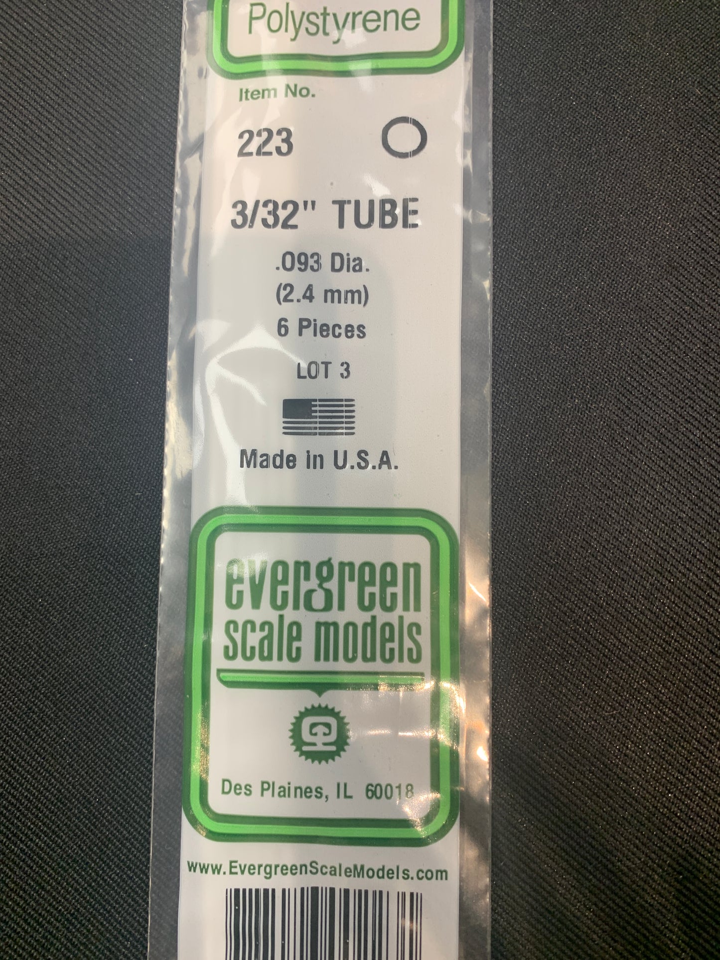 Evergreen Polystyrene Tube #223 3/32 .093 diam 2.4 mm