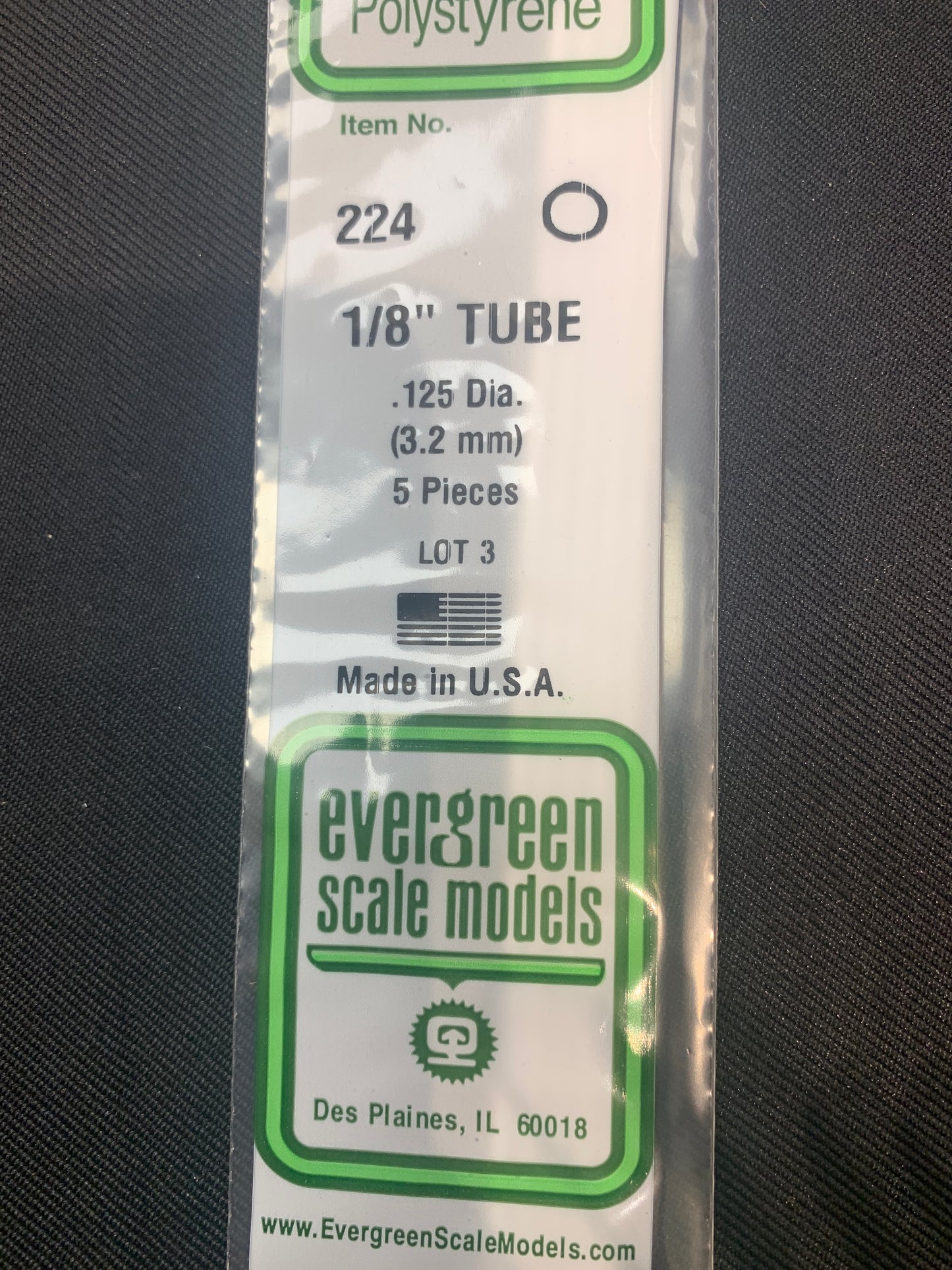 Evergreen Polystyrene Tube #224 1/8 .125 diam 3.2 mm