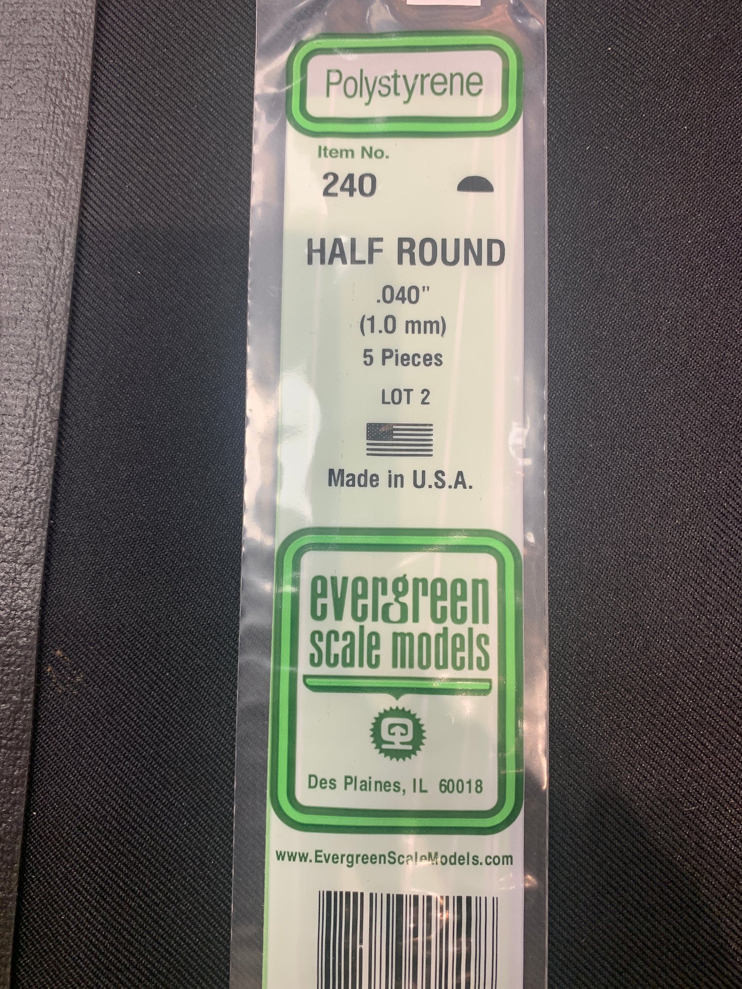 Evergreen Polystyrene #240 half round .040 diam 1.5 mm