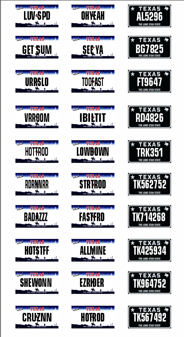 Texas License Plate Assortment for 1:24 1:25 scale models