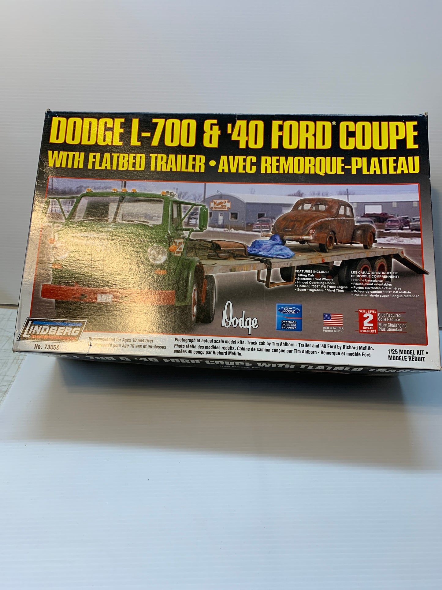 Lindberg Dodge L-700 and 1940 Ford coupe with flatbed trailer combo model kit ￼￼￼