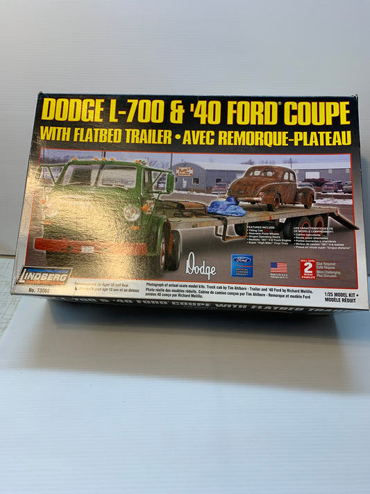 Lindberg Dodge L-700 and 1940 Ford coupe with flatbed trailer combo model kit ￼￼￼