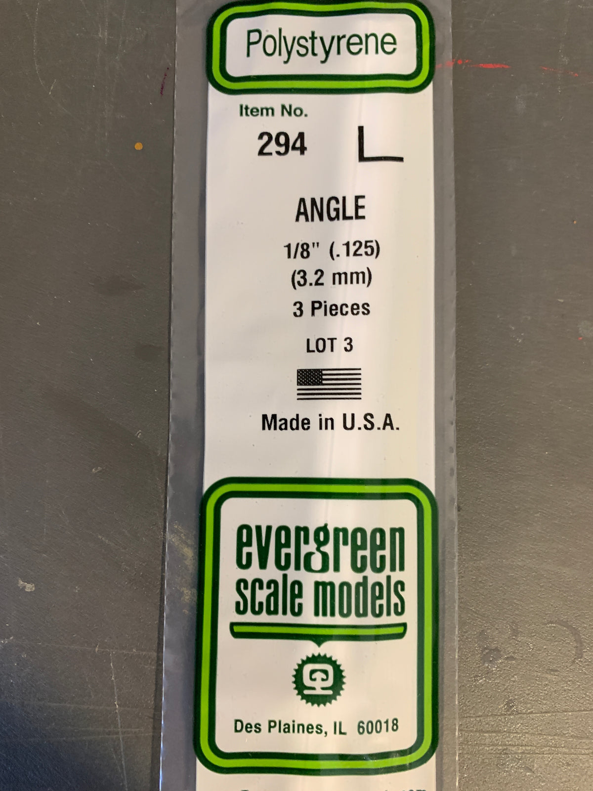 Evergreen Polystyrene Angle #294, 1/8” (.125”) (3.2 mm) Plastic