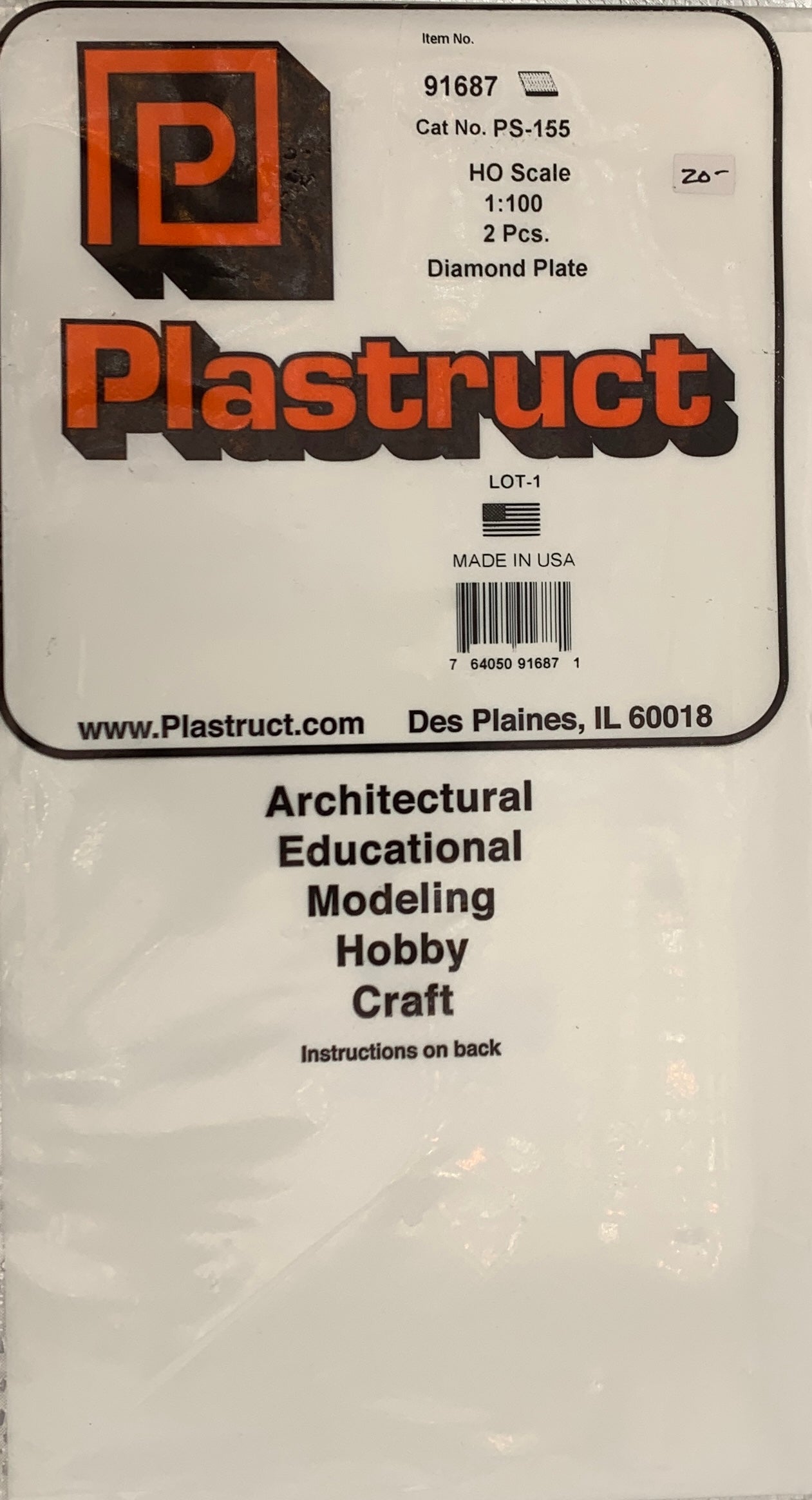 Plastruct #91687 HO Scale 1:100 Diamond Plate, 2 Sheets