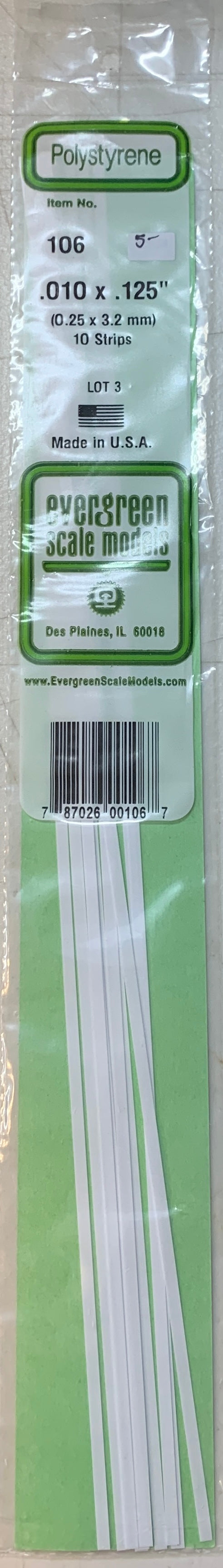 Evergreen Polystyrene #106, .010” x .125” / 0.25mm x 3.2mm Plastic Strips
