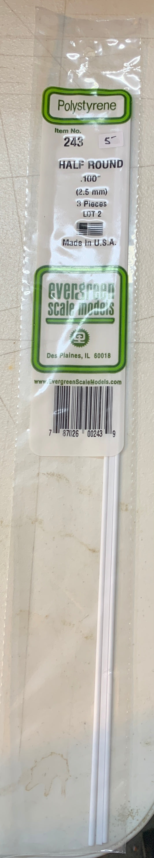 Evergreen Polystyrene Half Round #243, .100” / 2.5mm Diameter Plastic