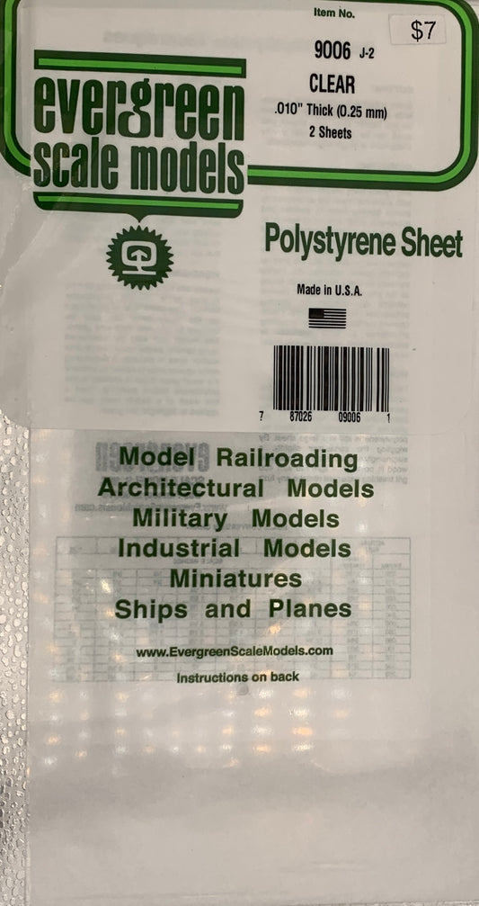 Evergreen Polystyrene Sheet CLEAR #9006 .010” Thick (0.25mm), 2 Sheets