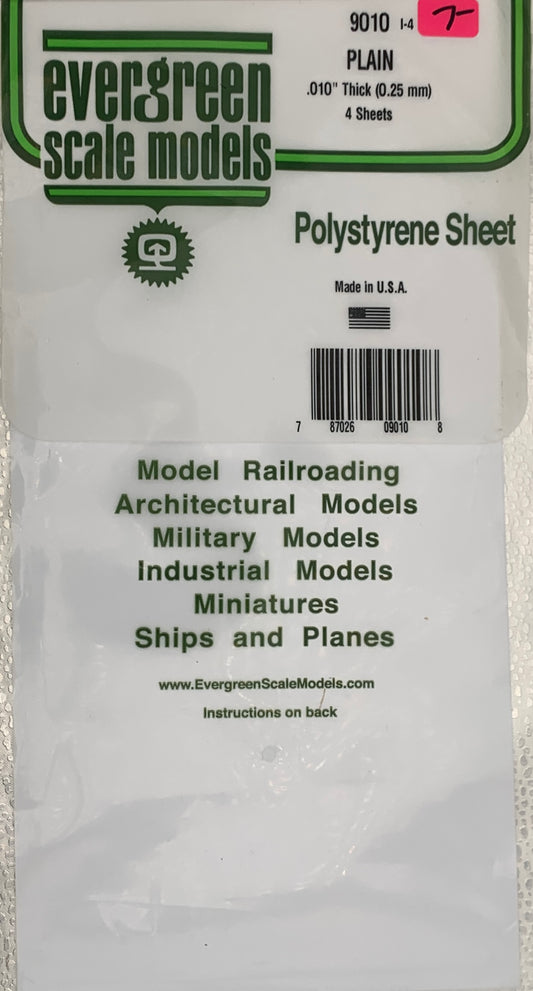 Evergreen Polystyrene Sheet PLAIN #9010, .010” Thick (0.25mm), 4 Sheets