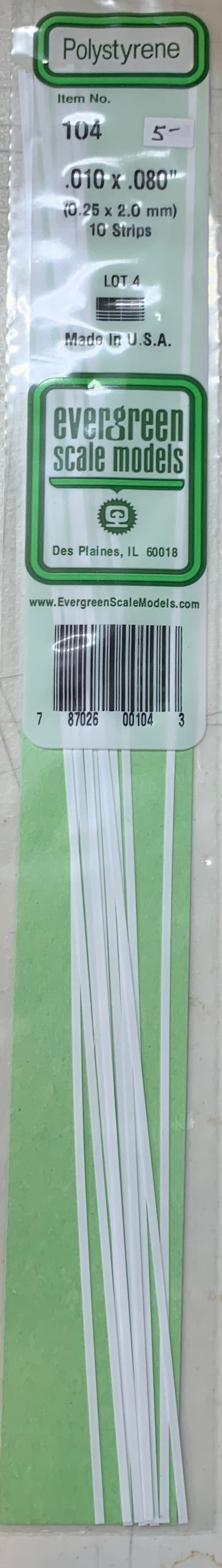 Evergreen Polystyrene #104, .010” x .080” / 0.25mm x 2.0mm Plastic Strips