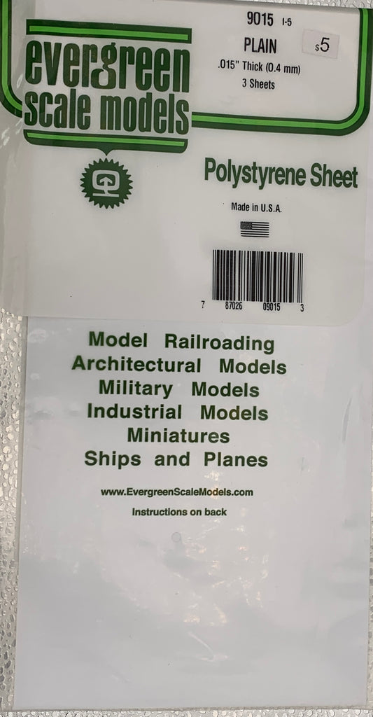 Evergreen Polystyrene Sheet PLAIN #9015, .015” Thick (0.4mm), 3 Sheets