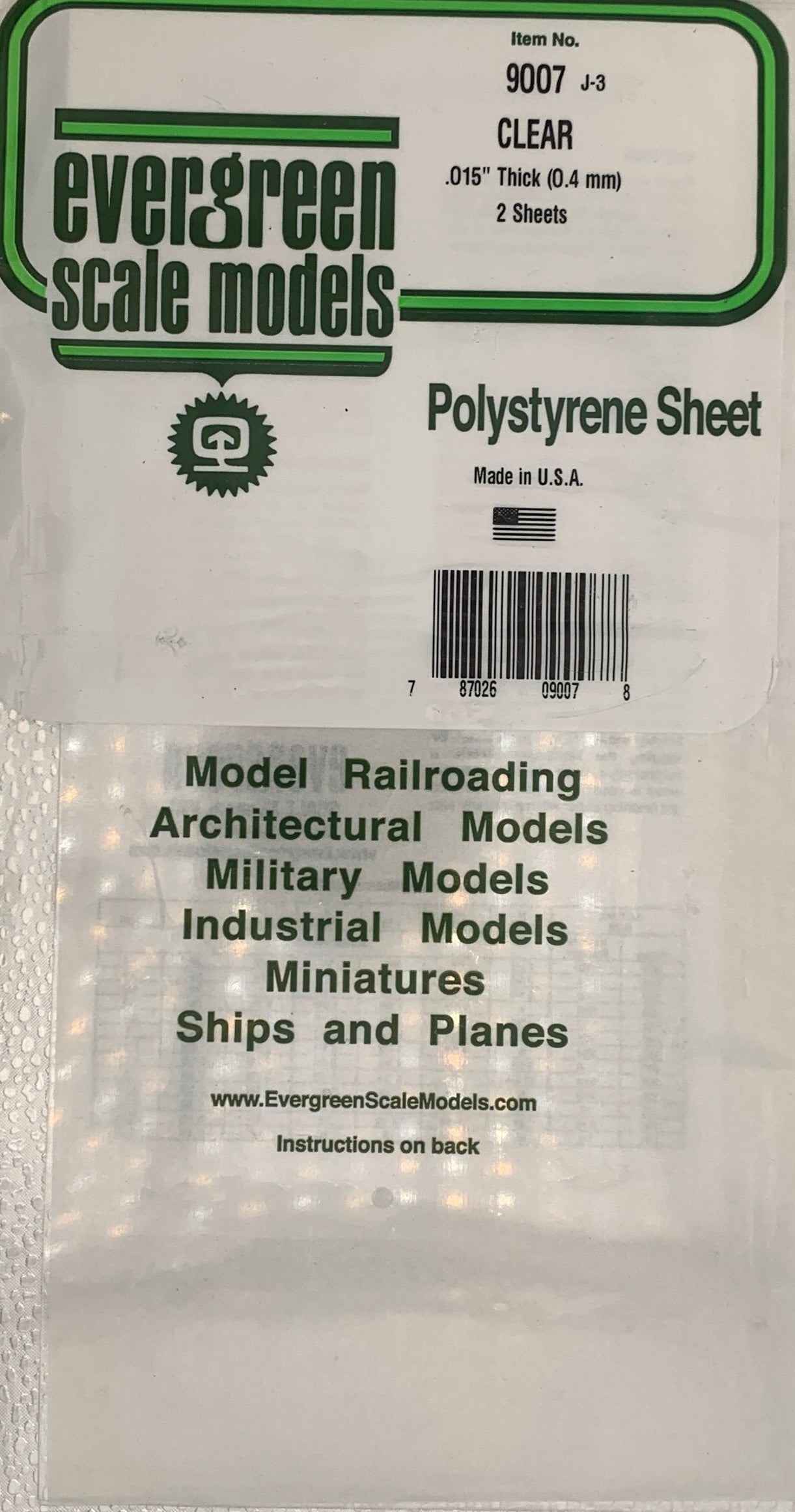 Evergreen Polystyrene Sheet CLEAR #9007, .015” Thick (0.4mm), 2 Sheets