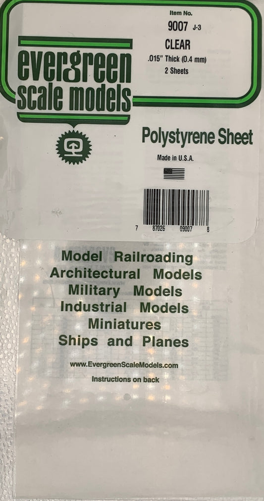 Evergreen Polystyrene Sheet CLEAR #9007, .015” Thick (0.4mm), 2 Sheets
