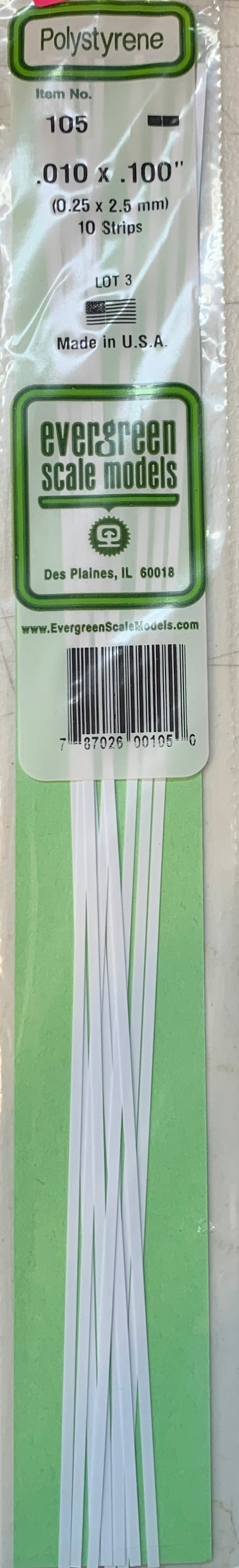 Evergreen Polystyrene #105, .010” x .100” / 0.25mm x 2.5mm Plastic Strips