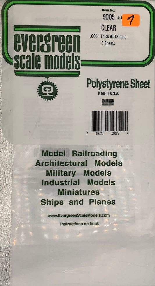 Evergreen Polystyrene Sheet CLEAR #9005, .005” Thick (0.13mm), 3 Sheets