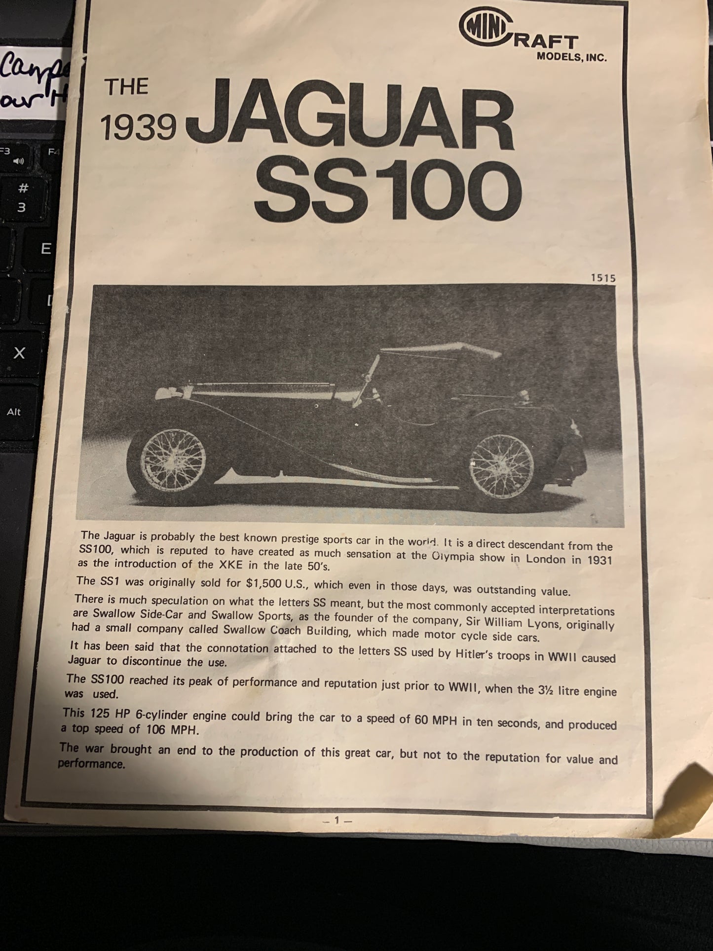 Craft 1939 Classic Jaguar ss100 model kit 1515