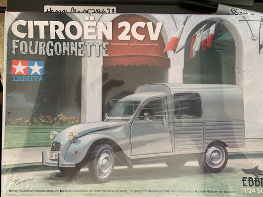 Tamiya Citron 2CV Fourgonnette model kit box, showing a silver model truck on the front packaging with the Tamiya logo and product title.