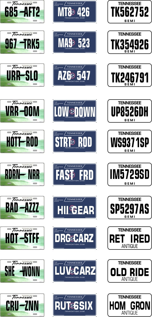 Tennessee License Plate Assortment for 1:24 1:25 scale models