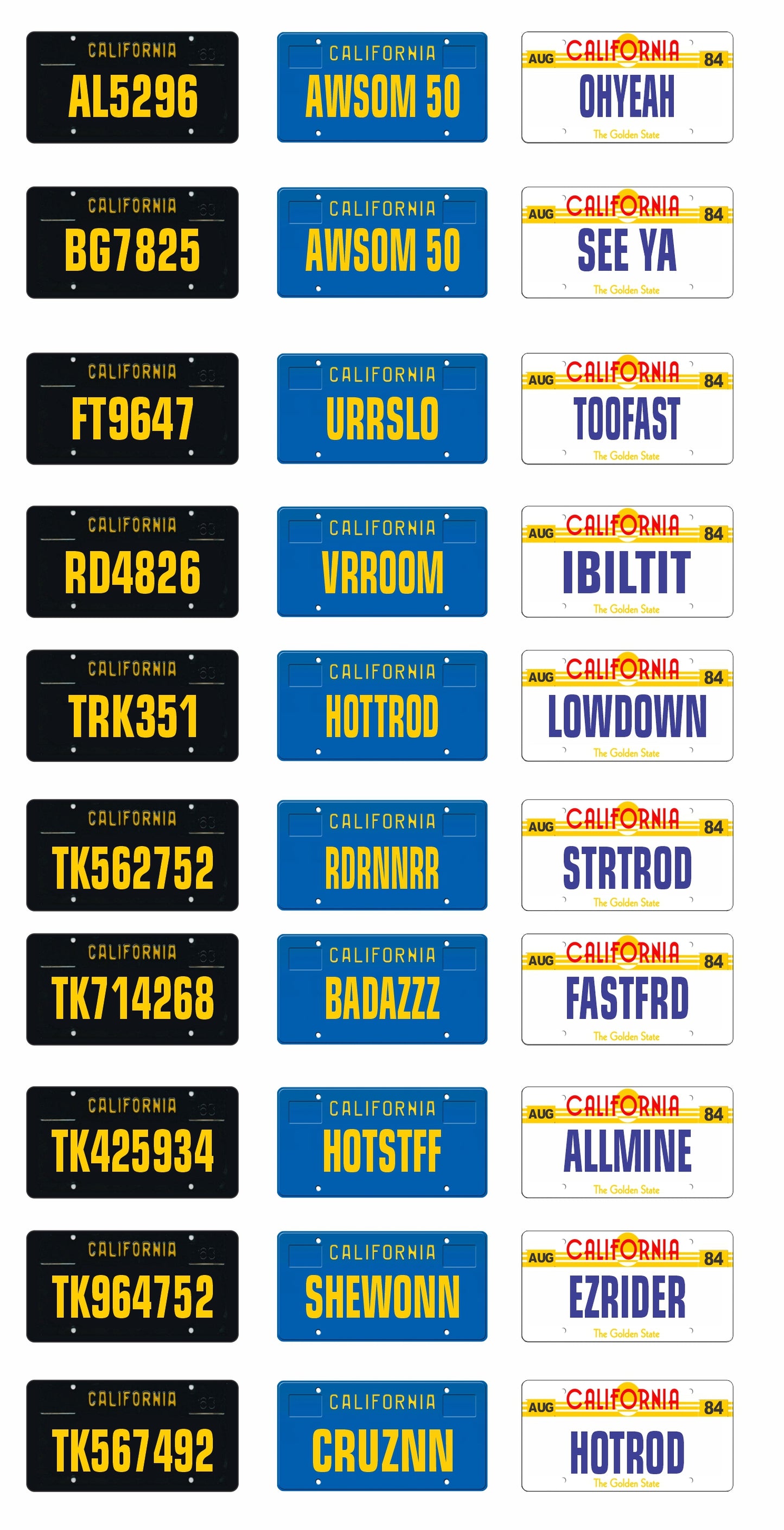 California License Plate Assortment for 1:24 1:25 scale models