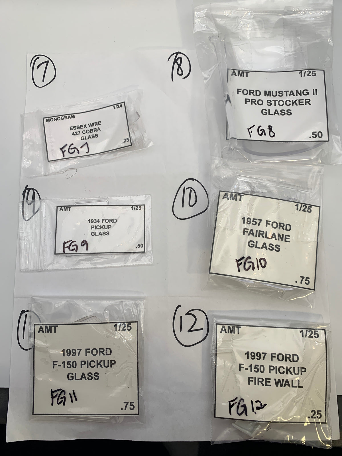 Ford Lincoln Mercury Glass & Firewall Parts bag