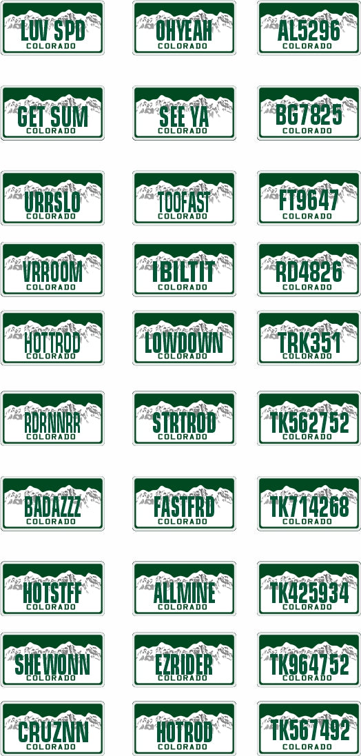 Colorado License Plate Assortment for 1:24 1:25 scale models