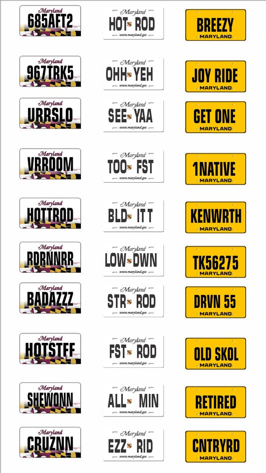 Maryland License Plate Assortment for 1:24 1:25 scale models