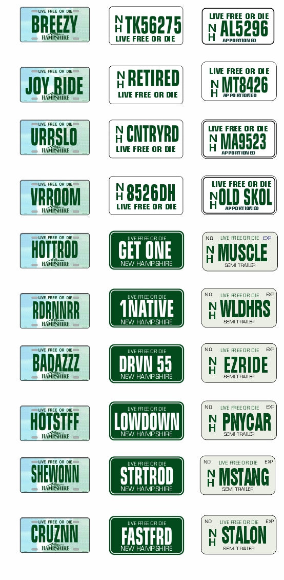New Hampshire License Plate Assortment for 1:24 1:25 scale models