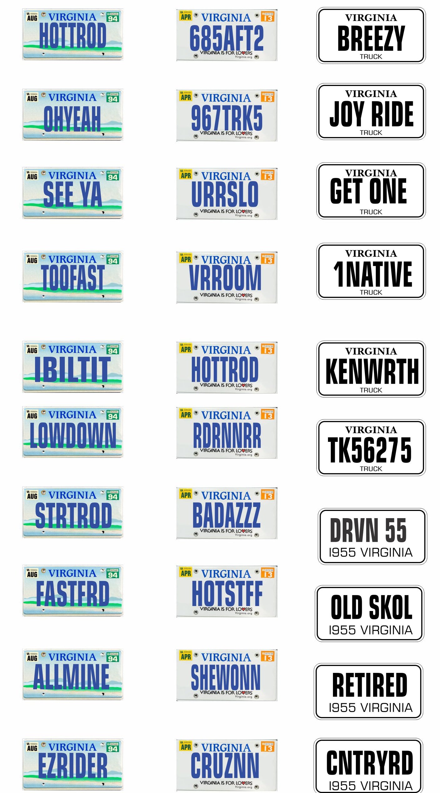 Virginia License Plate Assortment for 1:24 1:25 scale models